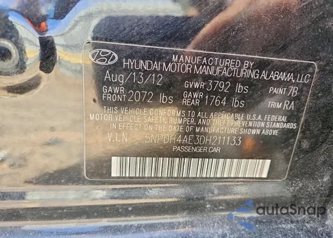 2013 Hyundai Elantra Gls z USA, uszkodzony, nr VIN 5NPDH4AE3DH211133